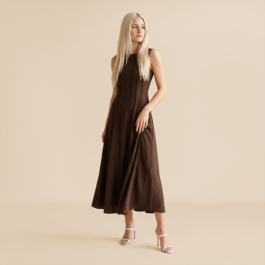 Casual Everyday Maxi A-Line Polyester Chic Round Neck Ruched Sleeveless Dress - MYTHSIS