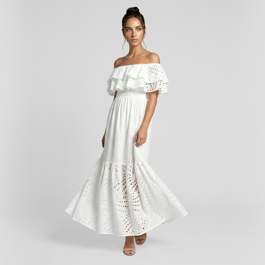 One collar ruffle edge embroidered hollow vacation mix dress