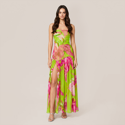 【Vacation】 Midi Irregular Polyester Boho Straight Neck Floral Dress - MYTHSIS