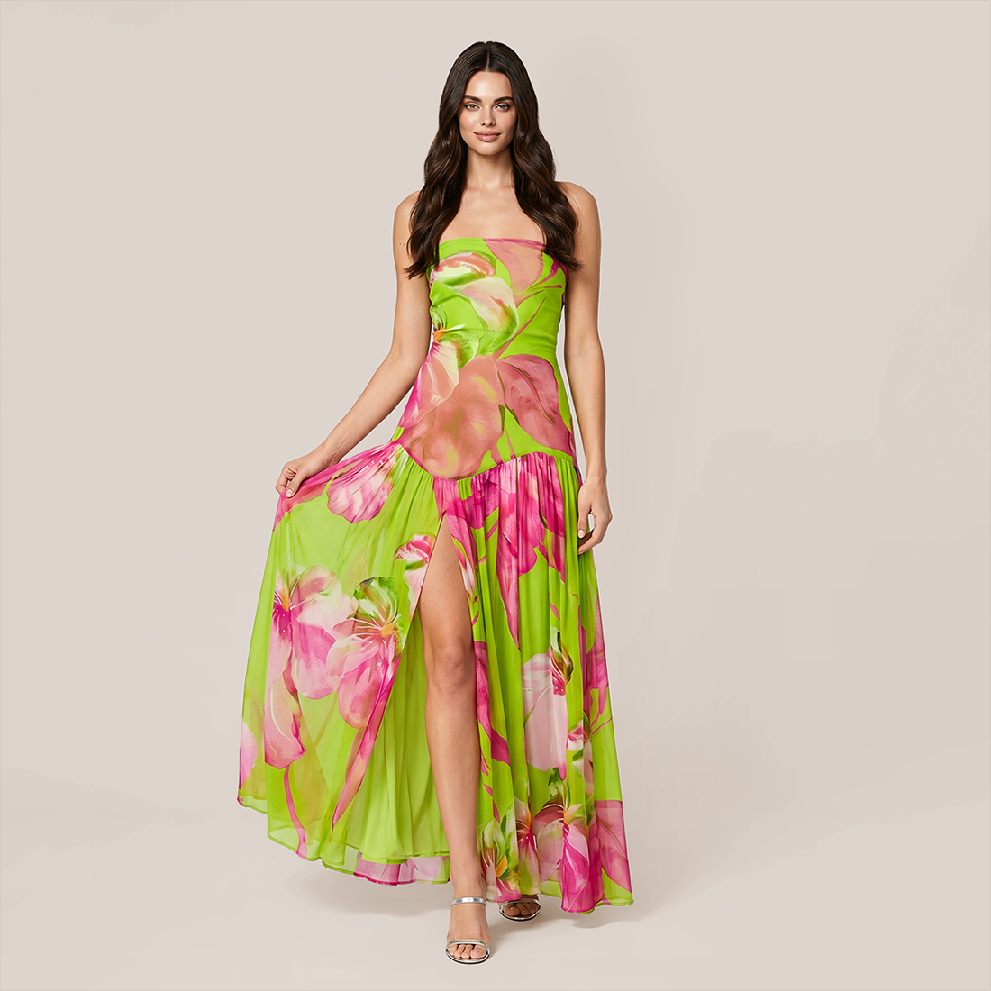 【Vacation】 Midi Irregular Polyester Boho Straight Neck Floral Dress - MYTHSIS