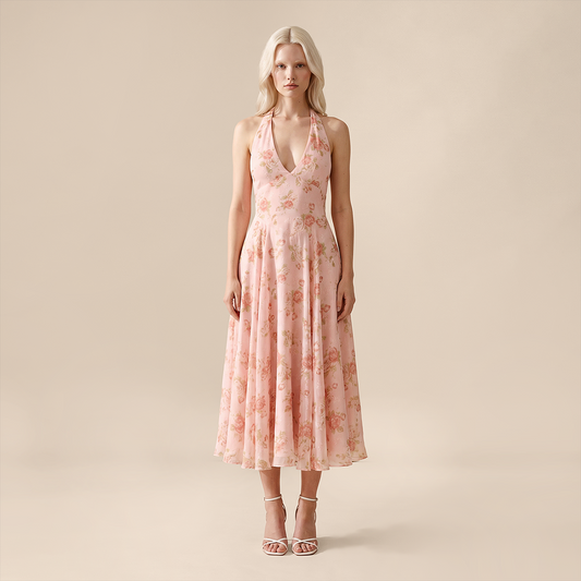 Vacation Maxi A-Line Polyester Boho Halter Neck Floral Print Backless Dress - MYTHSIS