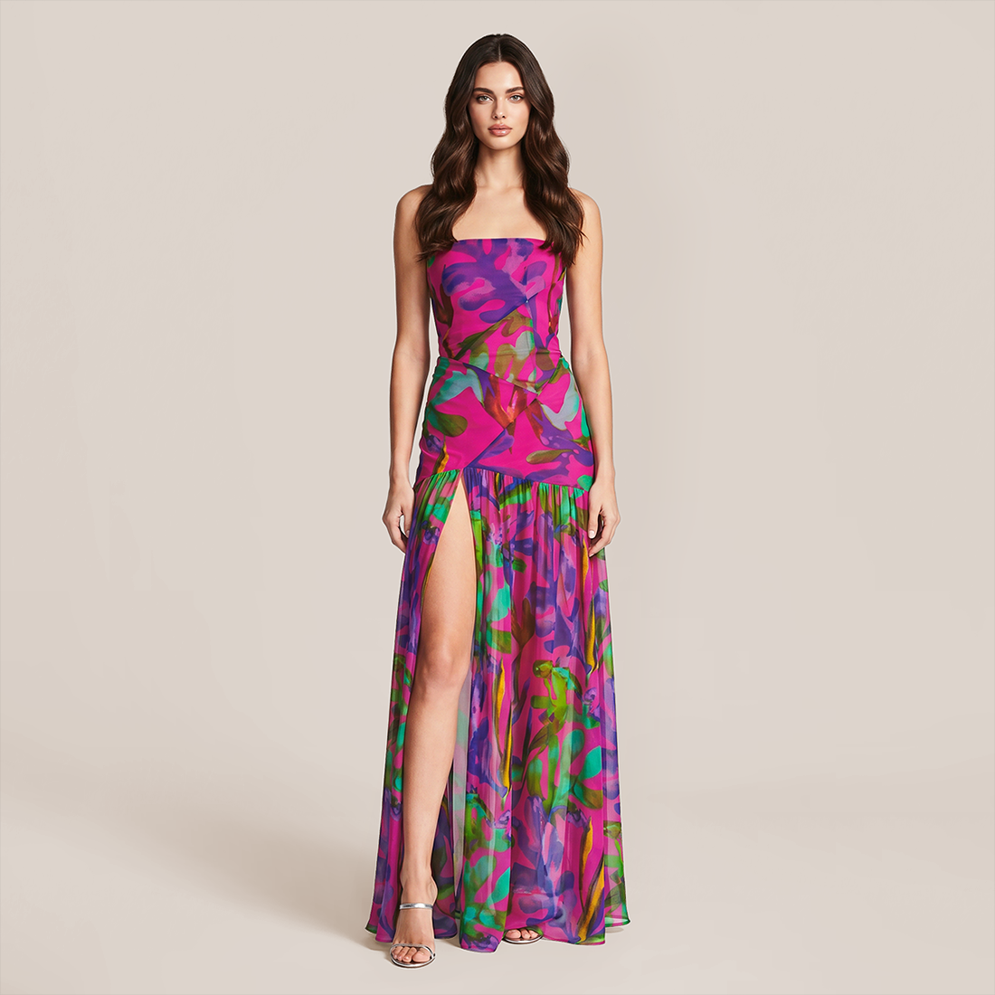 【Vacation】 Midi Irregular Polyester Boho Straight Neck Floral Dress - MYTHSIS