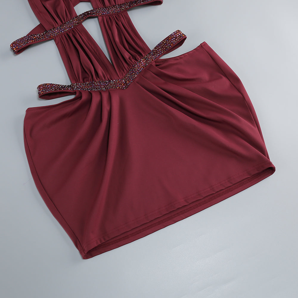 Wholesale Women's Magenta Halter Mini Dress – Crystal Cutout Ruched Bodycon