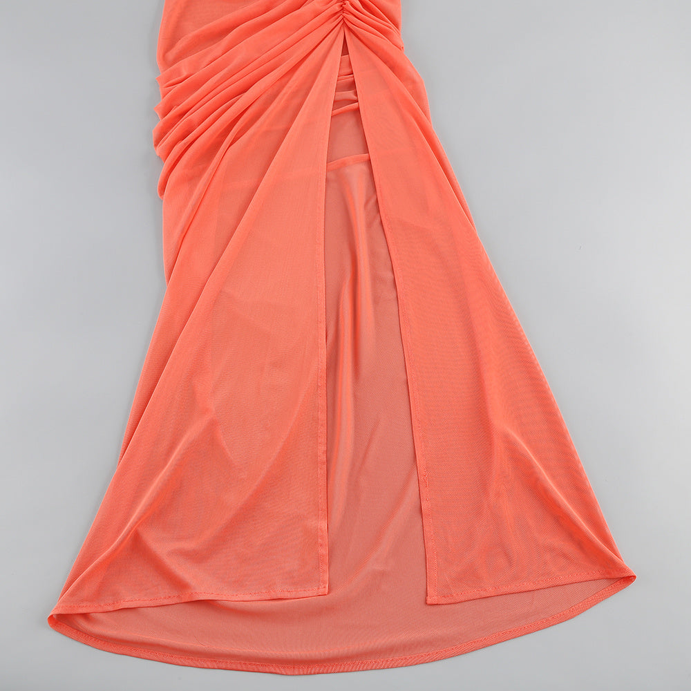 Wholesale Women's Mesh Ruched Spaghetti-Strap Long Dress