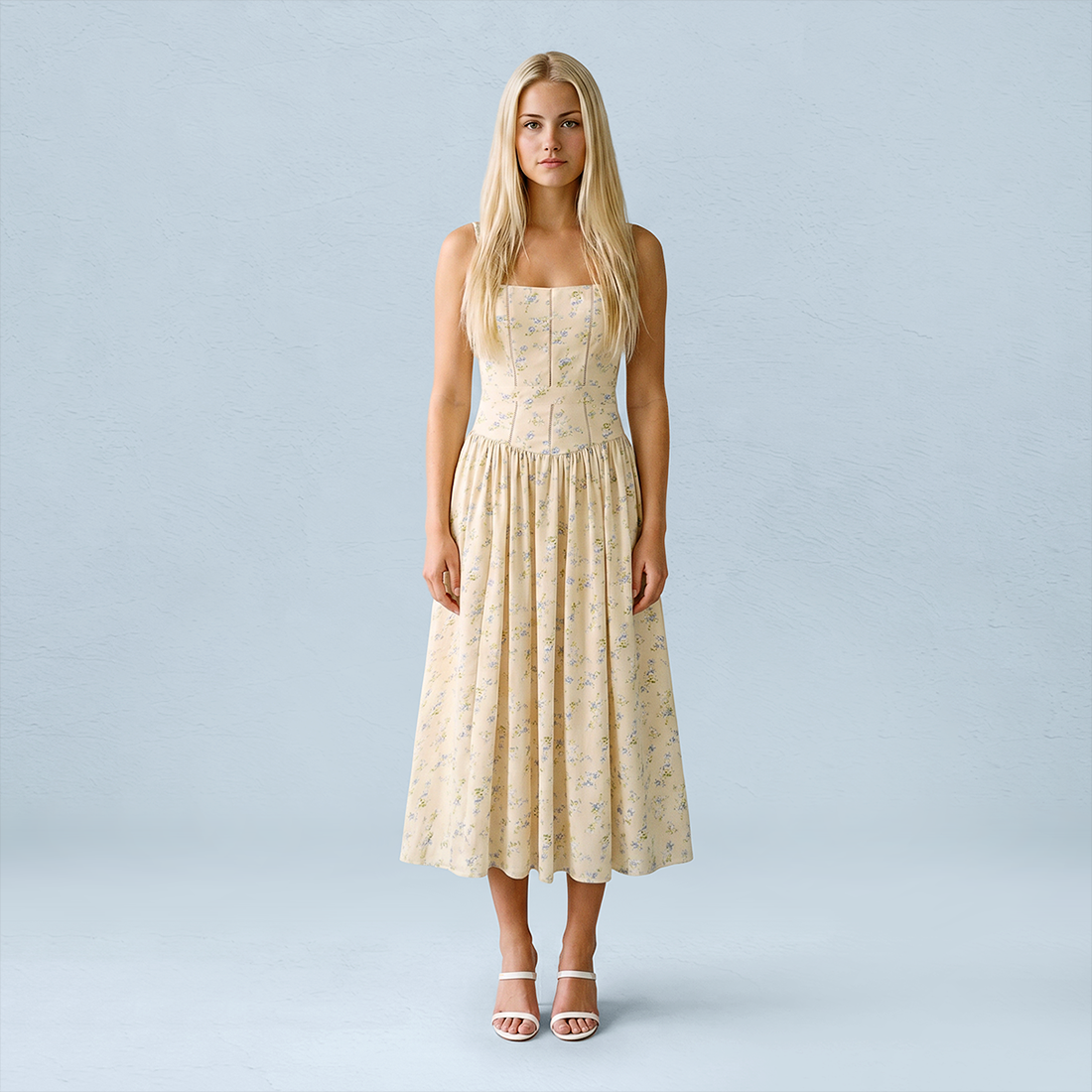 Vacation Maxi Slip Polyester Boho Straight Neck Floral Print Backless Dress - MYTHSIS