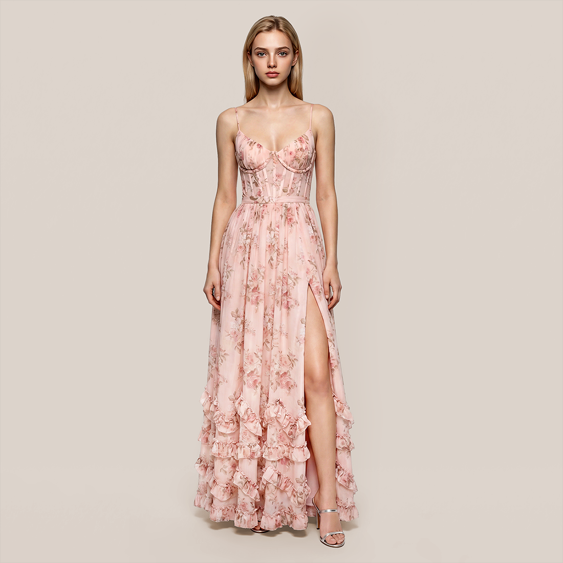 【Vacation】 Maxi A-Line Chiffon Boho V-Neck Floral Spaghetti Strap Dress - MYTHSIS