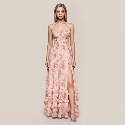 【Vacation】 Maxi A-Line Chiffon Boho V-Neck Floral Spaghetti Strap Dress - MYTHSIS