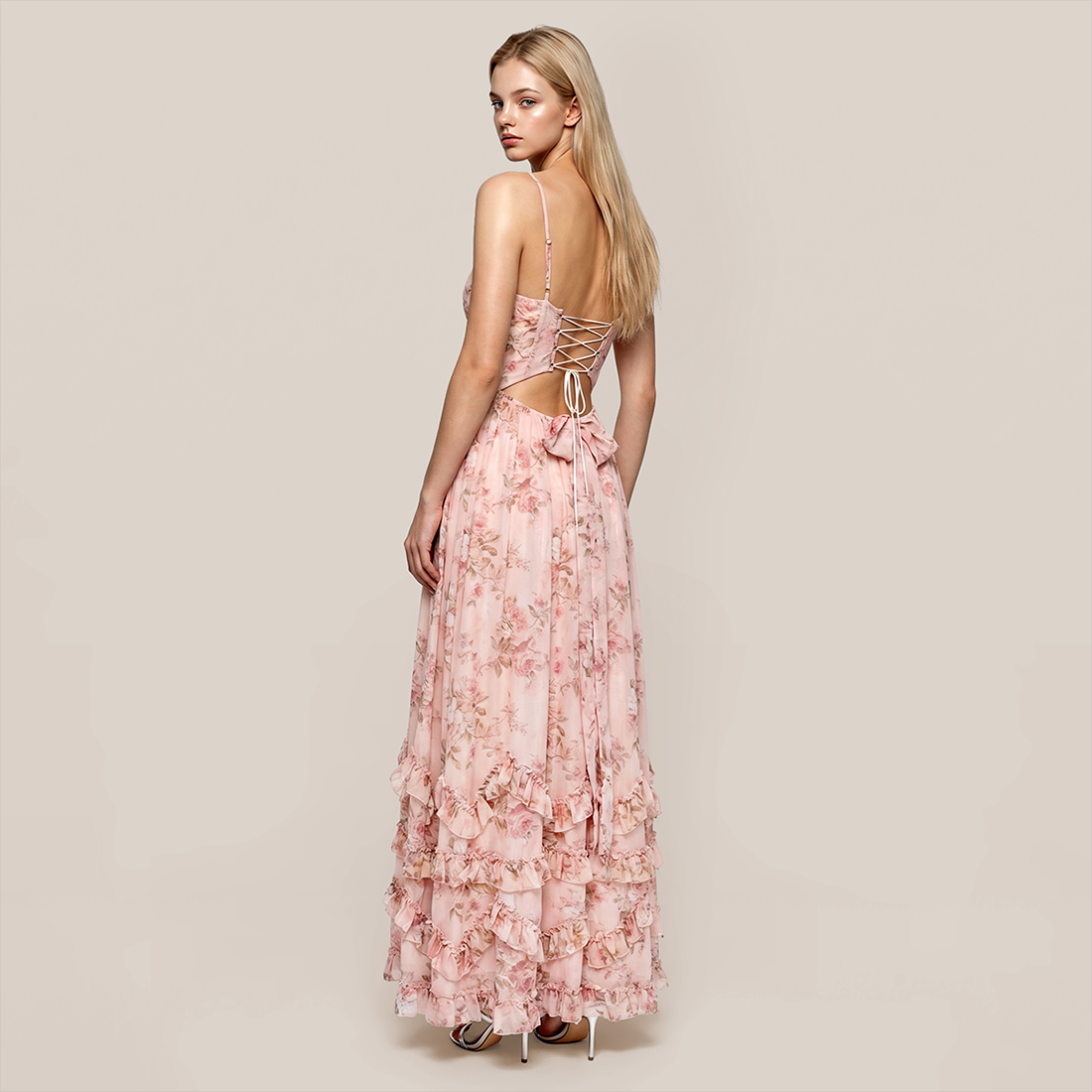 【Vacation】 Maxi A-Line Chiffon Boho V-Neck Floral Spaghetti Strap Dress - MYTHSIS