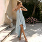 Wholesale Women's Light Blue Halter Maxi Dress – Fringe Asymmetric Train