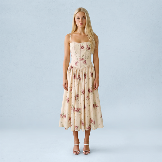 Vacation Maxi Slip Polyester Boho Straight Neck Floral Print Backless Dress - MYTHSIS
