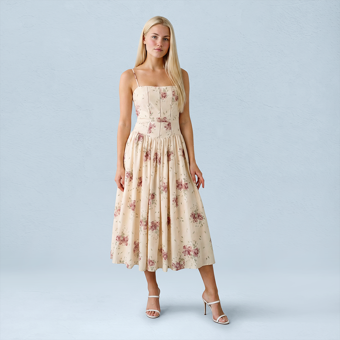 Vacation Maxi Slip Polyester Boho Straight Neck Floral Print Backless Dress - MYTHSIS