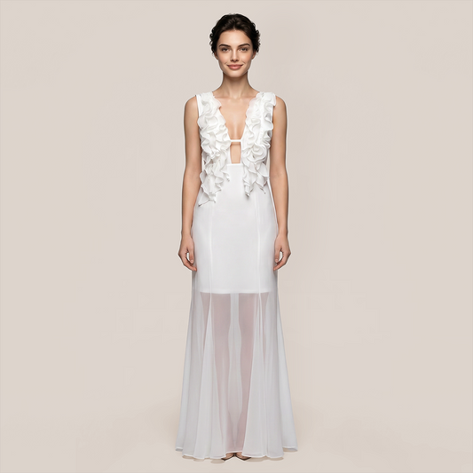 Graduation & Prom Maxi Bodycon Polyester Sexy Spaghetti Strap Floral Mesh Cutout Dress - MYTHSIS