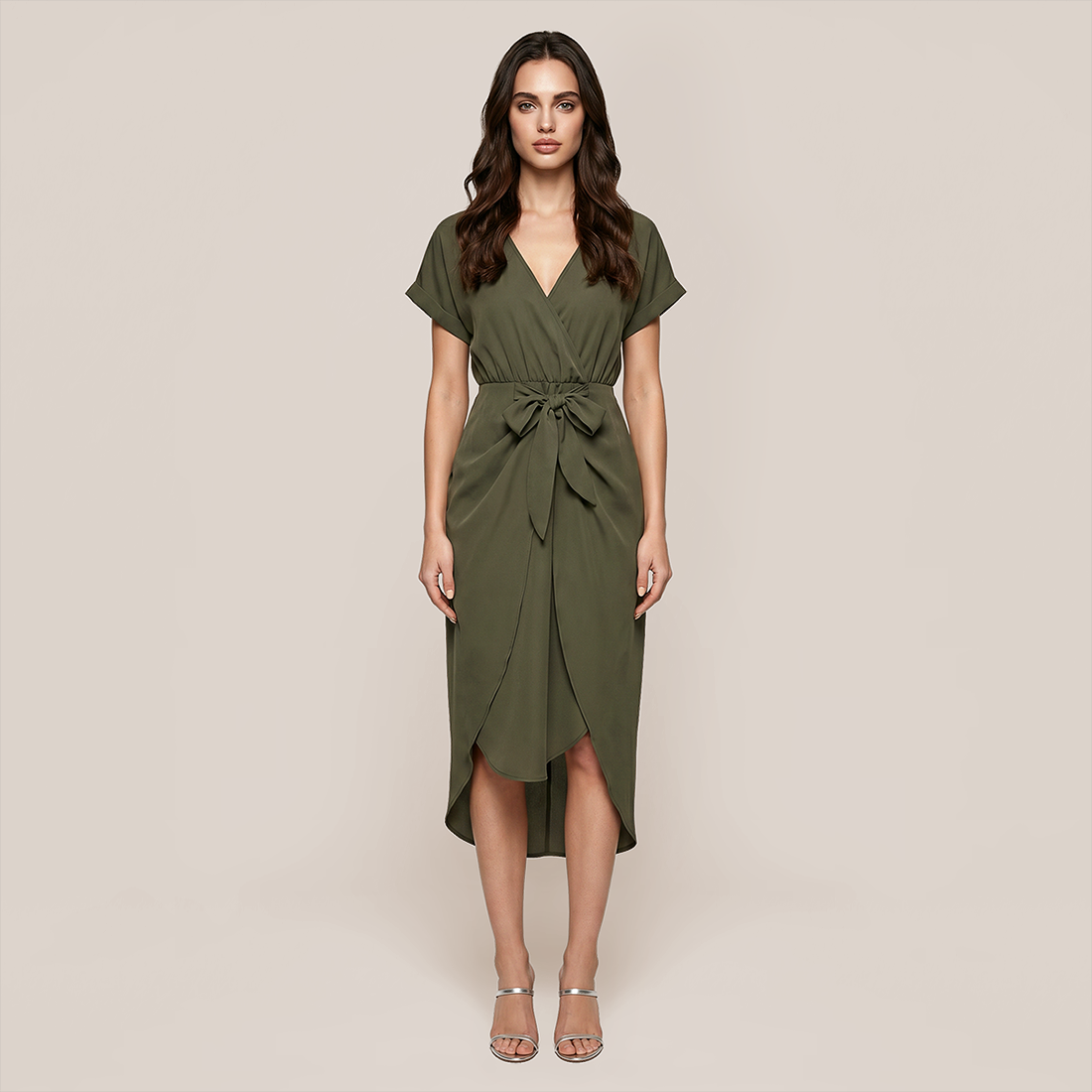 Casual Everyday Midi Wrap Polyester Simple Solid Color V-Neck Dress - MYTHSIS