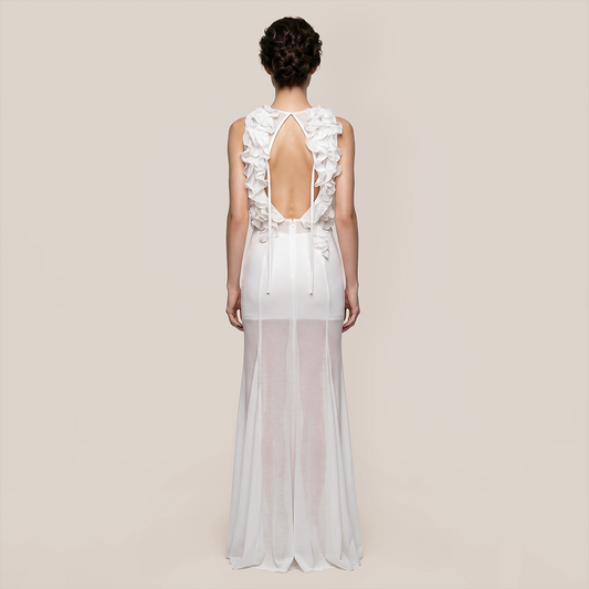 Graduation & Prom Maxi Bodycon Polyester Sexy Spaghetti Strap Floral Mesh Cutout Dress - MYTHSIS