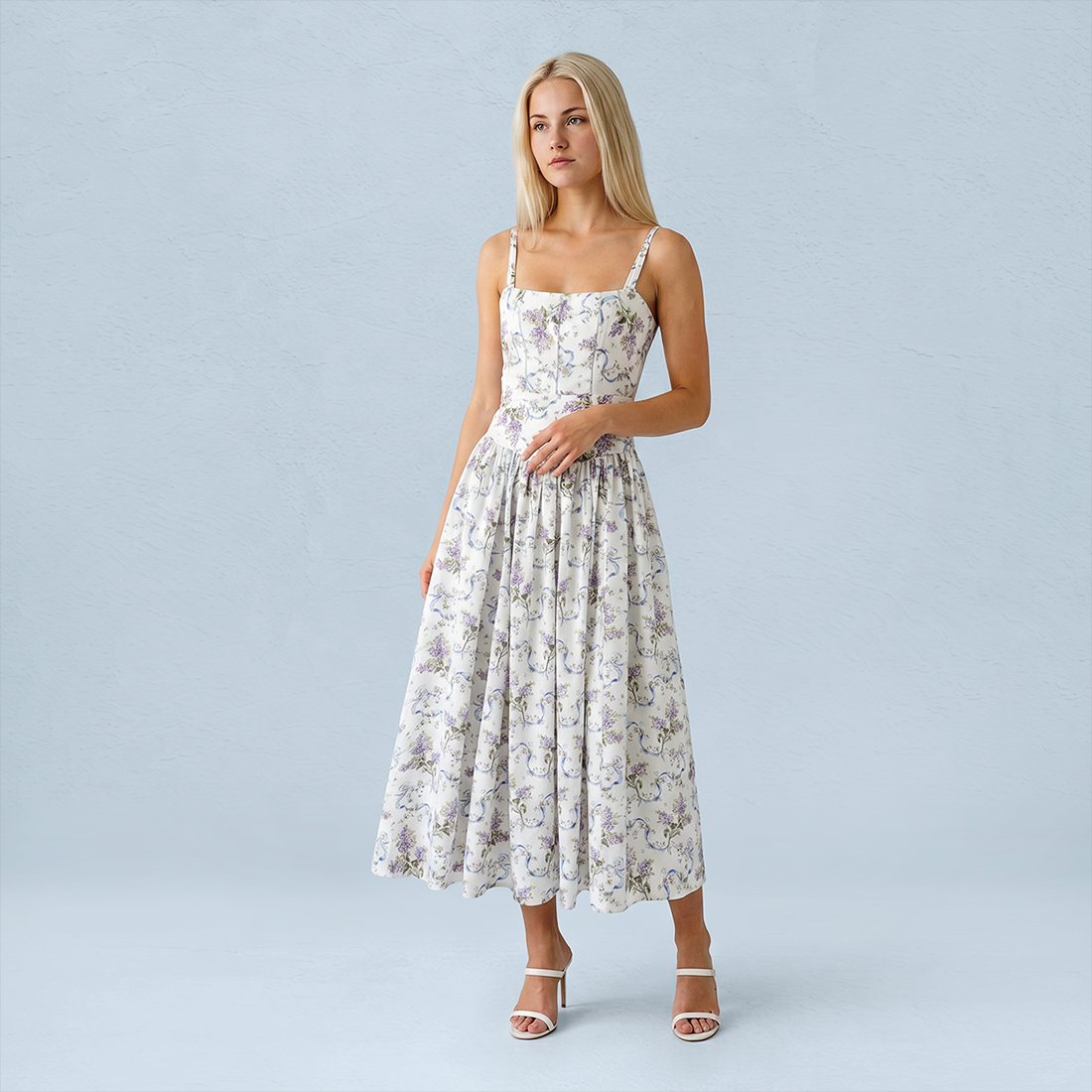 Vacation Maxi Slip Polyester Boho Straight Neck Floral Print Backless Dress - MYTHSIS
