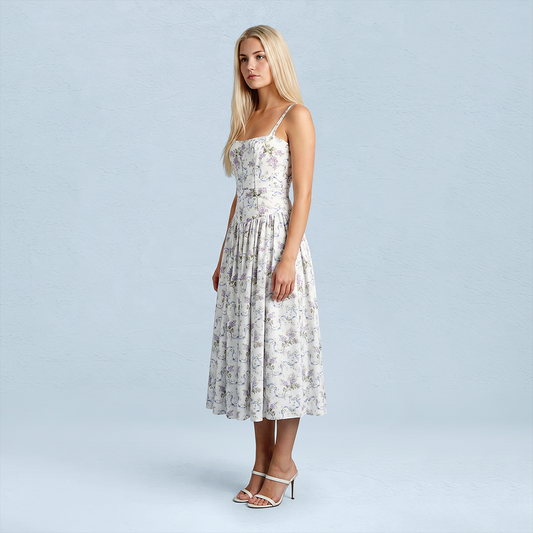 Vacation Maxi Slip Polyester Boho Straight Neck Floral Print Backless Dress - MYTHSIS