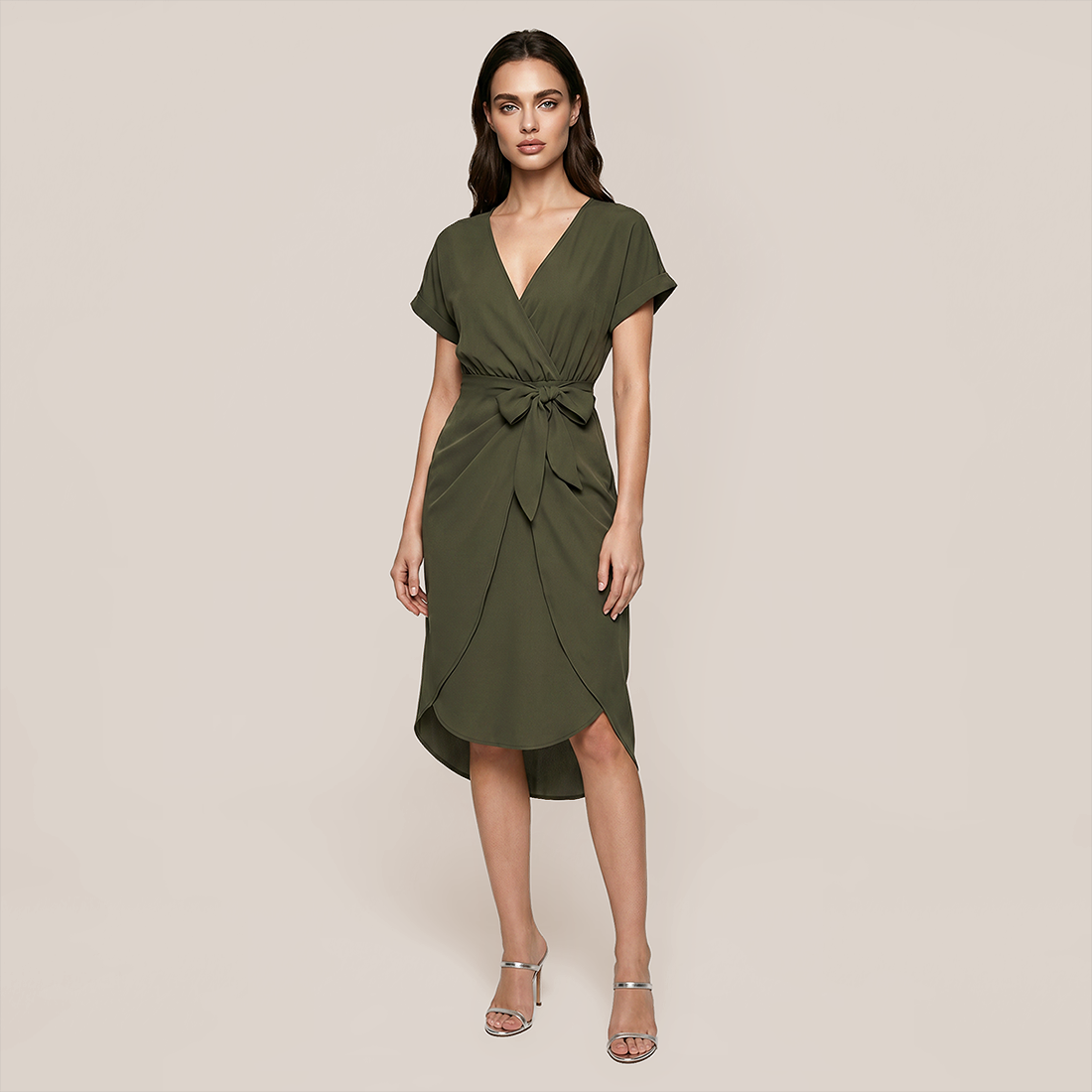 Casual Everyday Midi Wrap Polyester Simple Solid Color V-Neck Dress - MYTHSIS