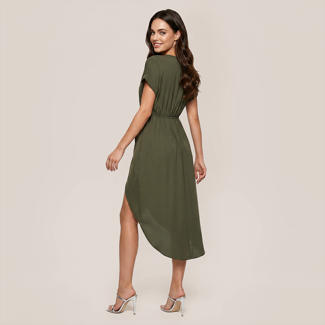 Casual Everyday Midi Wrap Polyester Simple Solid Color V-Neck Dress - MYTHSIS