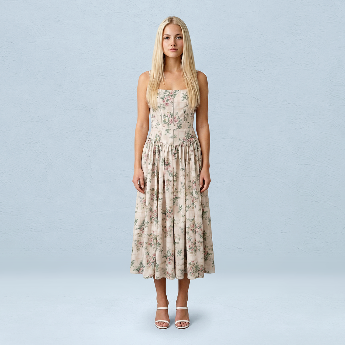 Vacation Maxi Slip Polyester Boho Straight Neck Floral Print Backless Dress - MYTHSIS