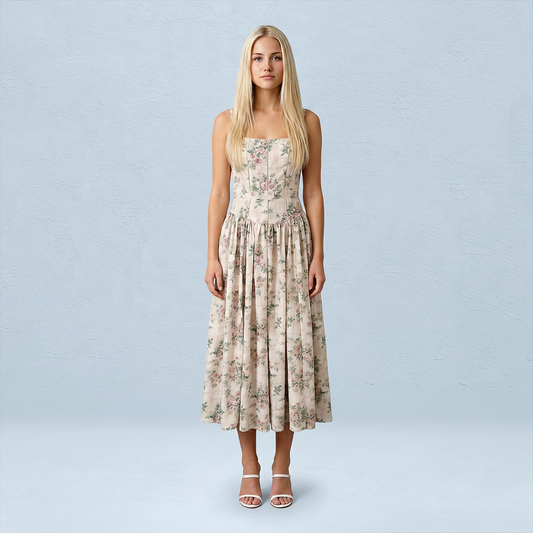 Vacation Maxi Slip Polyester Boho Straight Neck Floral Print Backless Dress - MYTHSIS