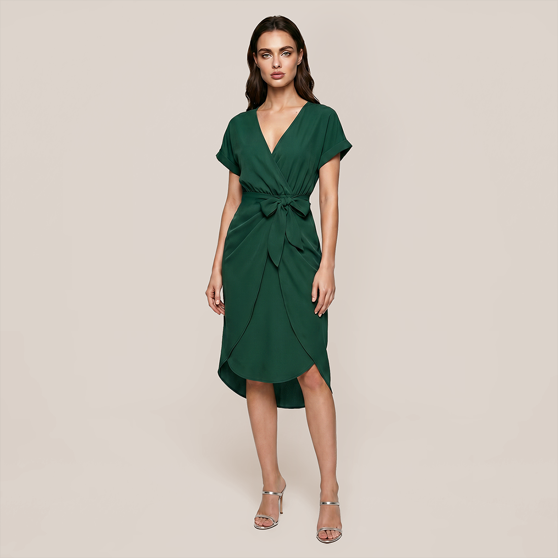 Casual Everyday Midi Wrap Polyester Simple Solid Color V-Neck Dress - MYTHSIS