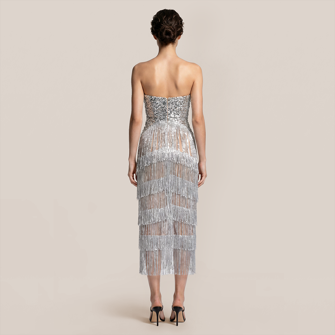 【Party & Event】 Midi A-Line Sequin Glam Strapless Fringe Dress - MYTHSIS