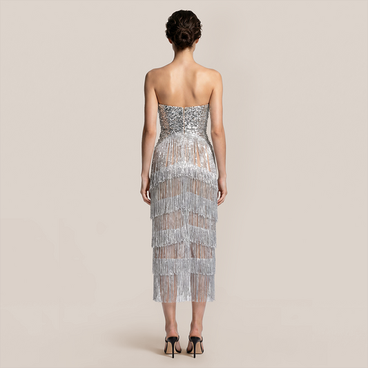 【Party & Event】 Midi A-Line Sequin Glam Strapless Fringe Dress - MYTHSIS
