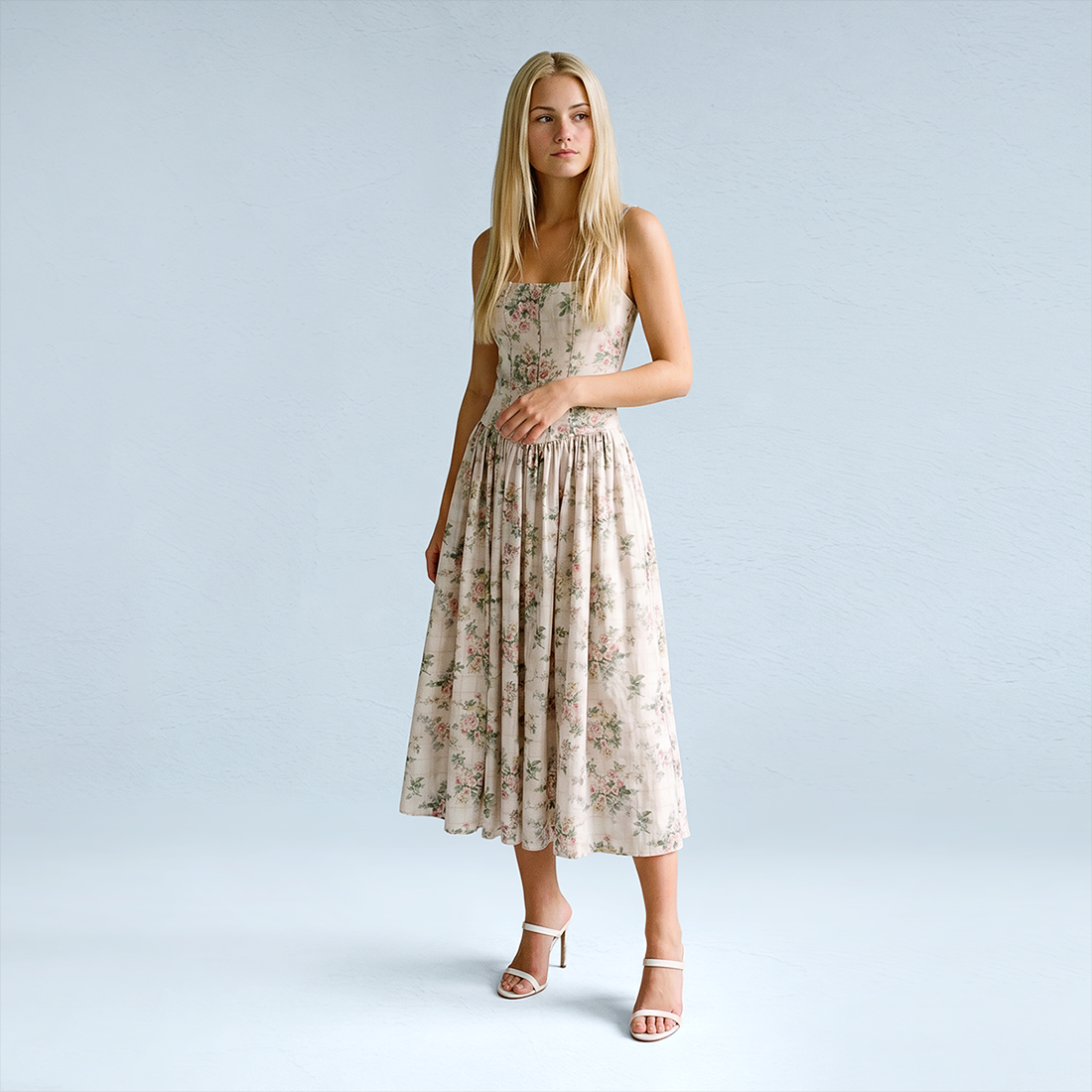 Vacation Maxi Slip Polyester Boho Straight Neck Floral Print Backless Dress - MYTHSIS