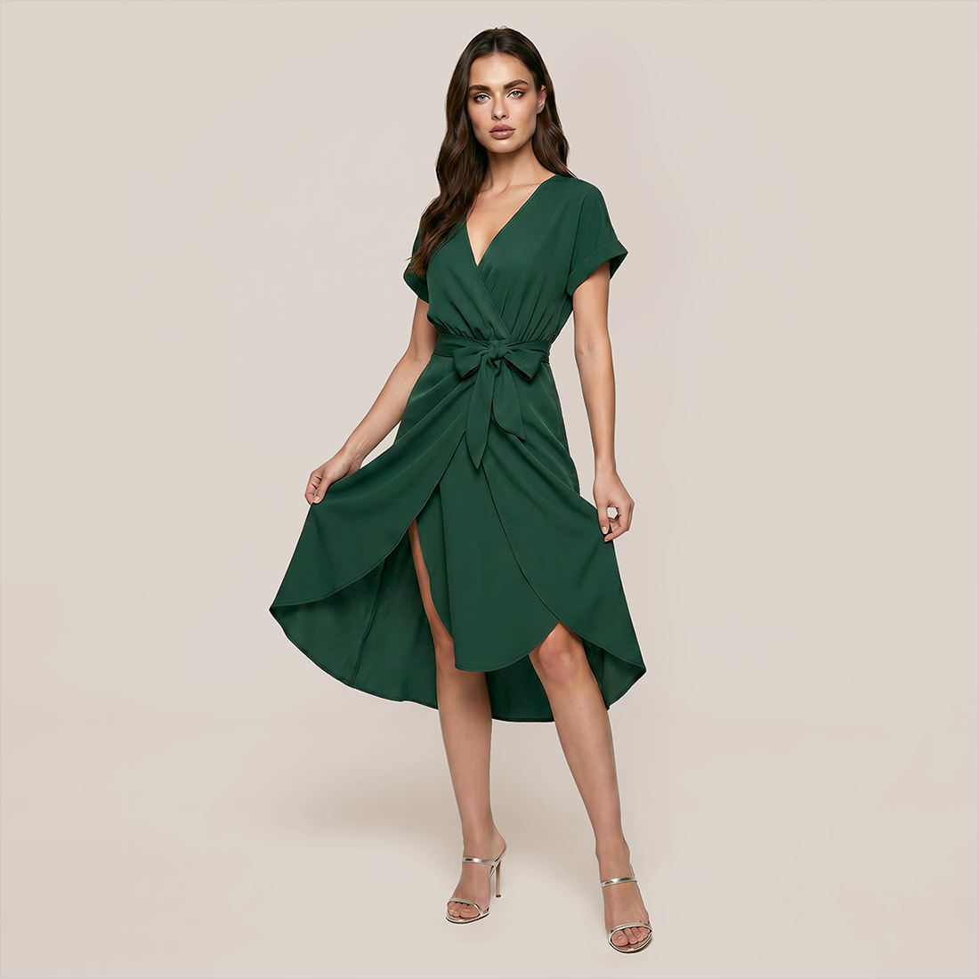 Casual Everyday Midi Wrap Polyester Simple Solid Color V-Neck Dress - Wholesale Dresses Low MOQ - MYTHSIS