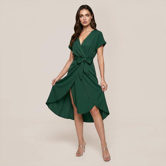 Casual Everyday Midi Wrap Polyester Simple Solid Color V-Neck Dress - Wholesale Dresses Low MOQ - MYTHSIS
