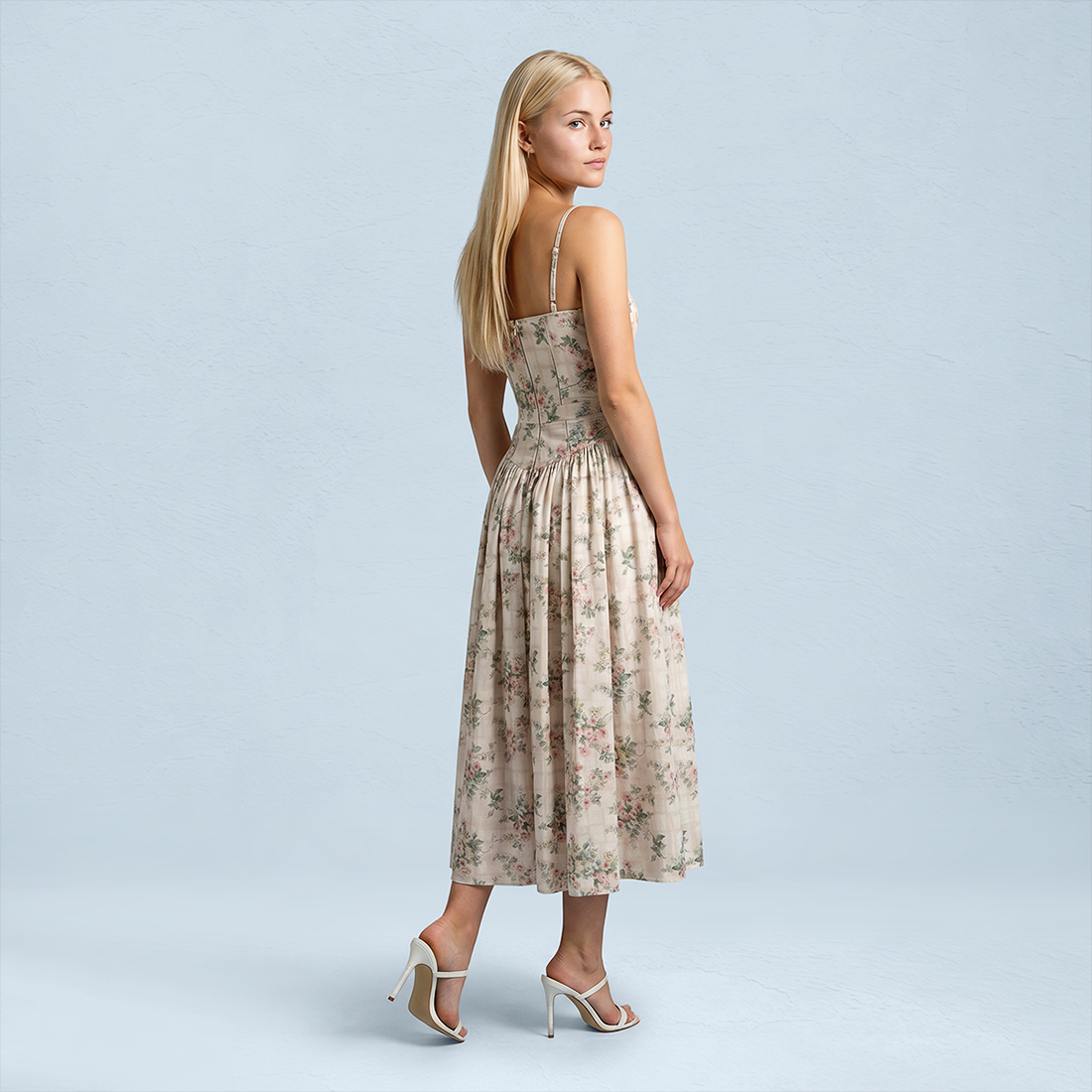 Vacation Maxi Slip Polyester Boho Straight Neck Floral Print Backless Dress - MYTHSIS