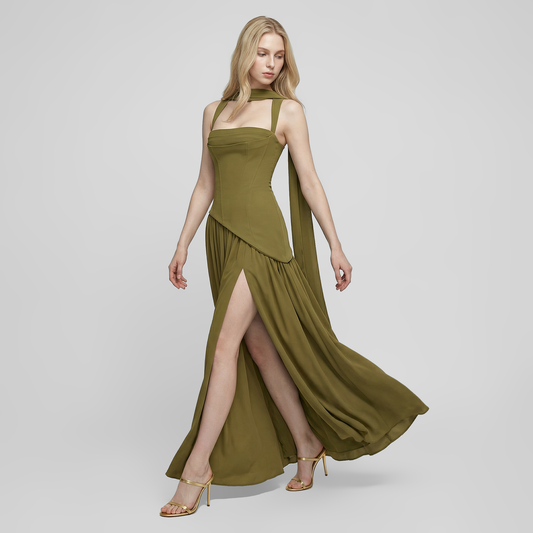 Sleeveless Slit Maxi Dress with Ribbon Detail