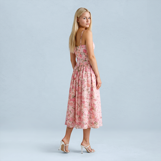 Vacation Midi A-Line Polyester Boho Strapless Floral Print Backless Dress - MYTHSIS