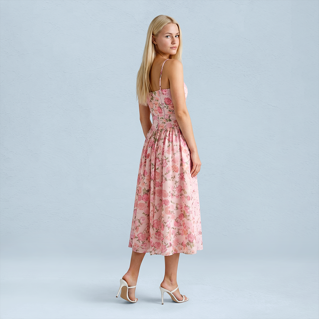 Vacation Maxi Slip Polyester Boho Straight Neck Floral Print Backless Dress - MYTHSIS