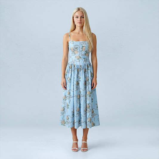 Vacation Maxi Slip Polyester Boho Straight Neck Floral Print Backless Dress - MYTHSIS