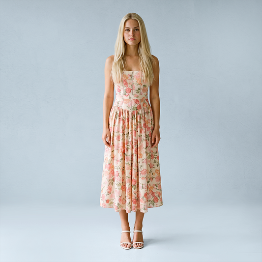Vacation Maxi Slip Polyester Boho Straight Neck Floral Print Backless Dress - MYTHSIS