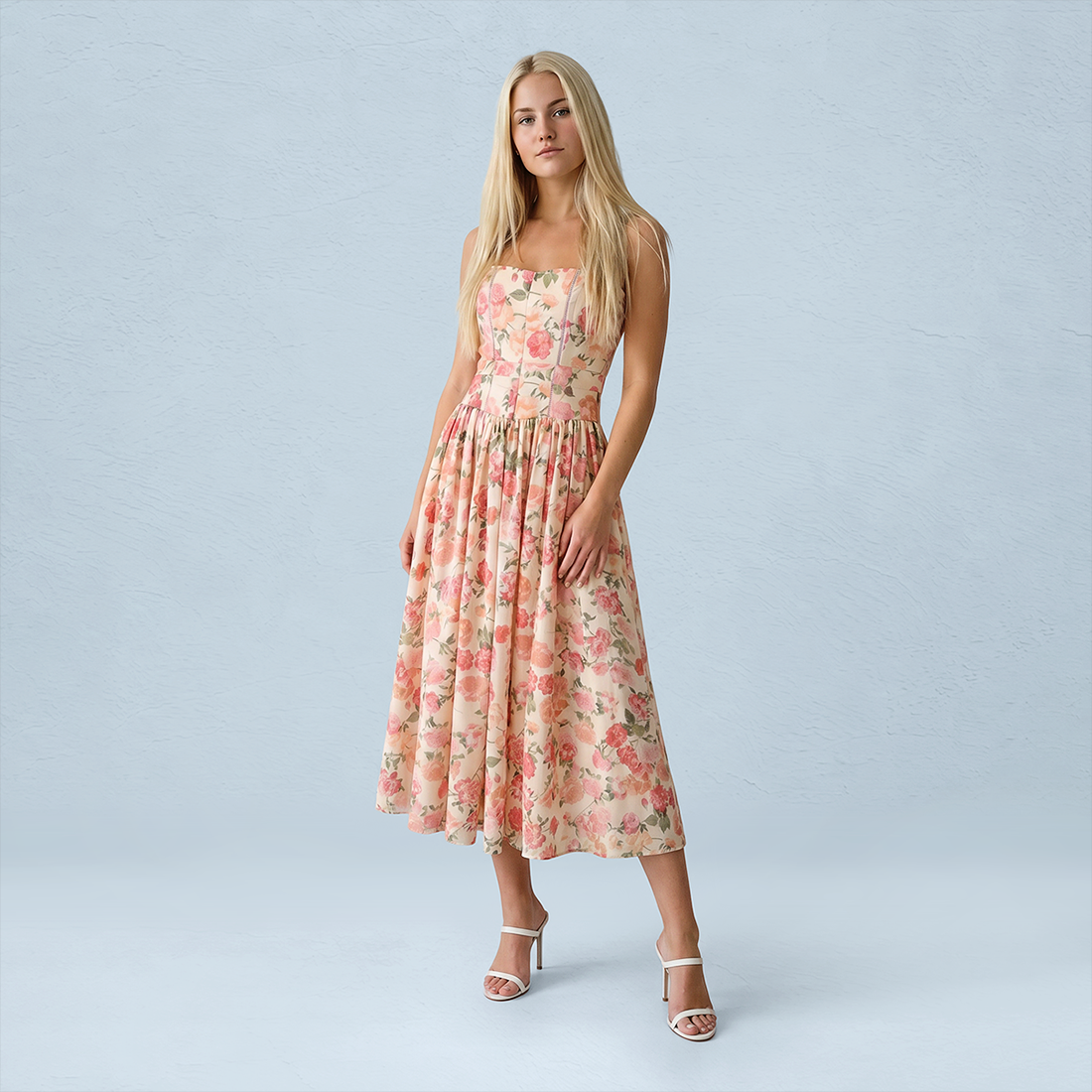 Vacation Maxi Slip Polyester Boho Straight Neck Floral Print Backless Dress - MYTHSIS
