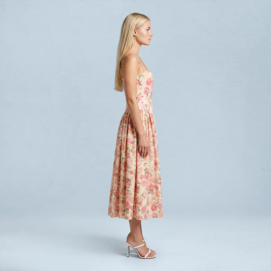 Vacation Maxi Slip Polyester Boho Straight Neck Floral Print Backless Dress - MYTHSIS