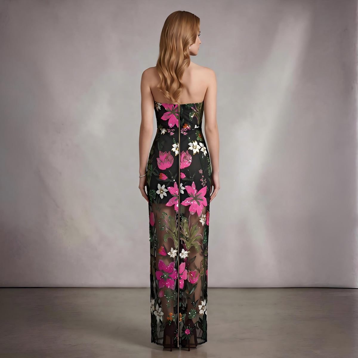 Wholesale Women's Floral Sequin Strapless Maxi Dress – Mesh Panel Evening