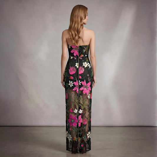 Wholesale Women's Floral Sequin Strapless Maxi Dress – Mesh Panel Evening