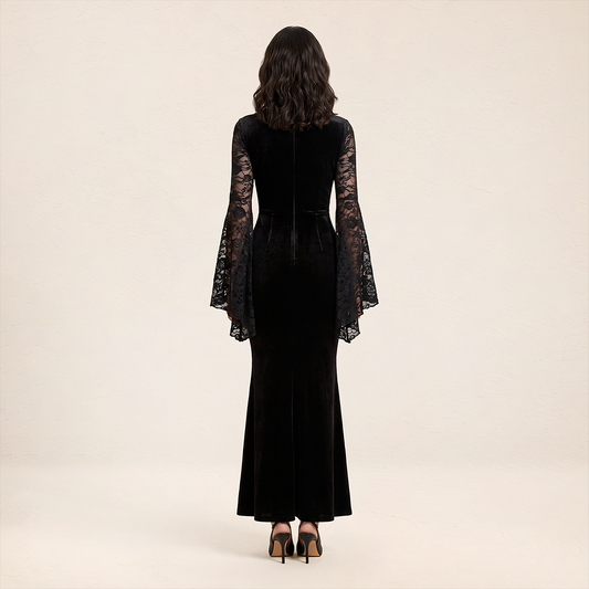Wholesale Women's Gothic Velvet Lace Bell-Sleeve Long Dress