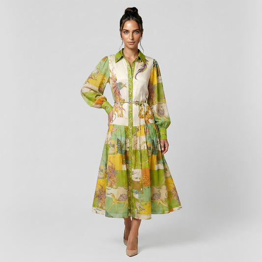 Printed single breasted shirt collar vacation maxi  dress