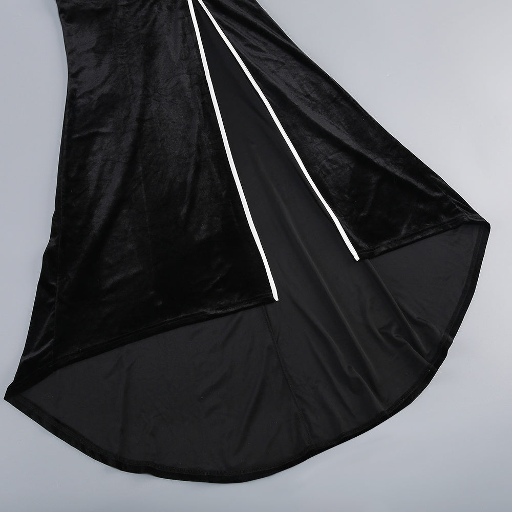 【Party & Event】 Maxi Sheath Velvet Polyester Triacetate Casual Round Neck 3D Flower Bow Slit Dress - MYTHSIS