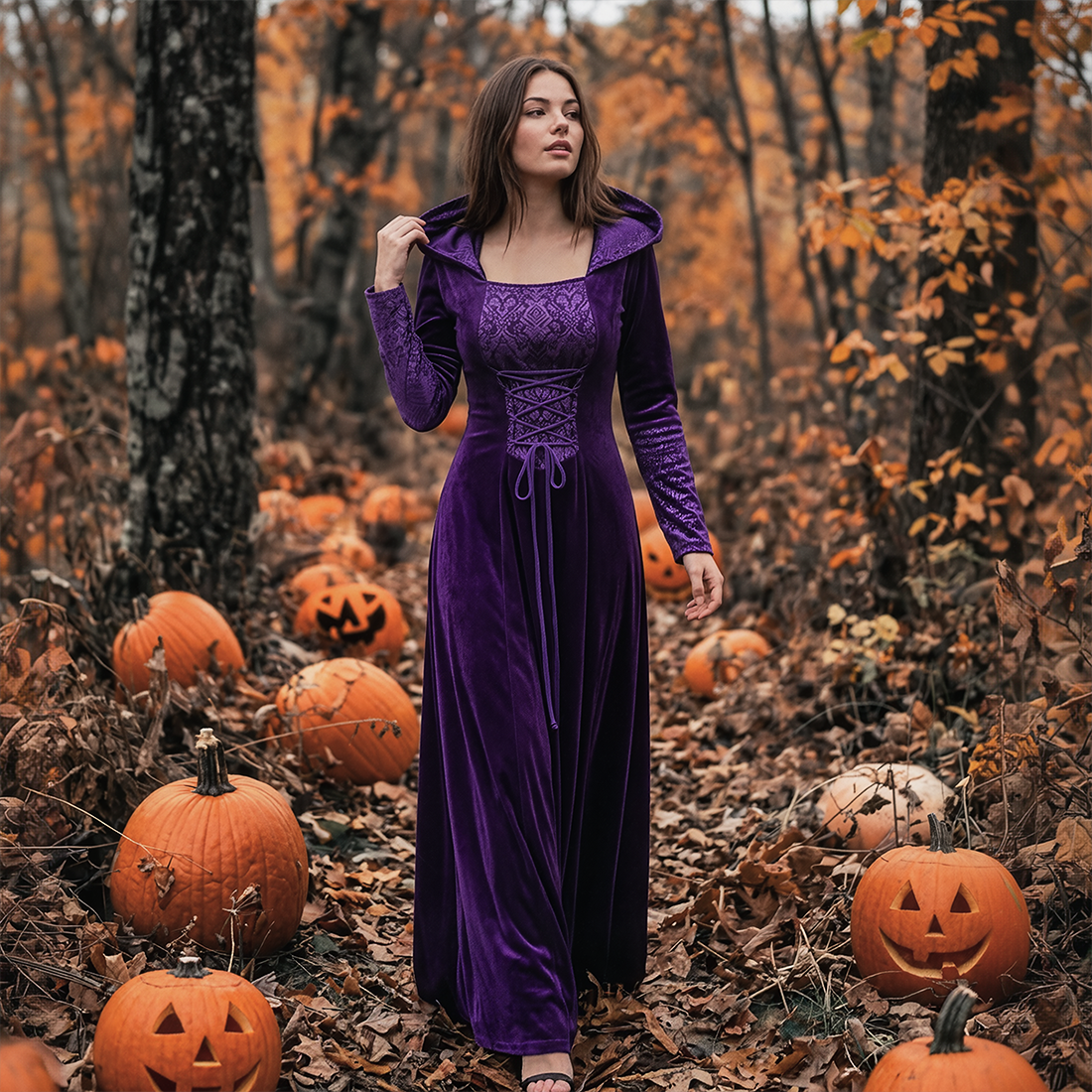 Wholesale Women's Medieval Hooded Witch Costume Long Dress