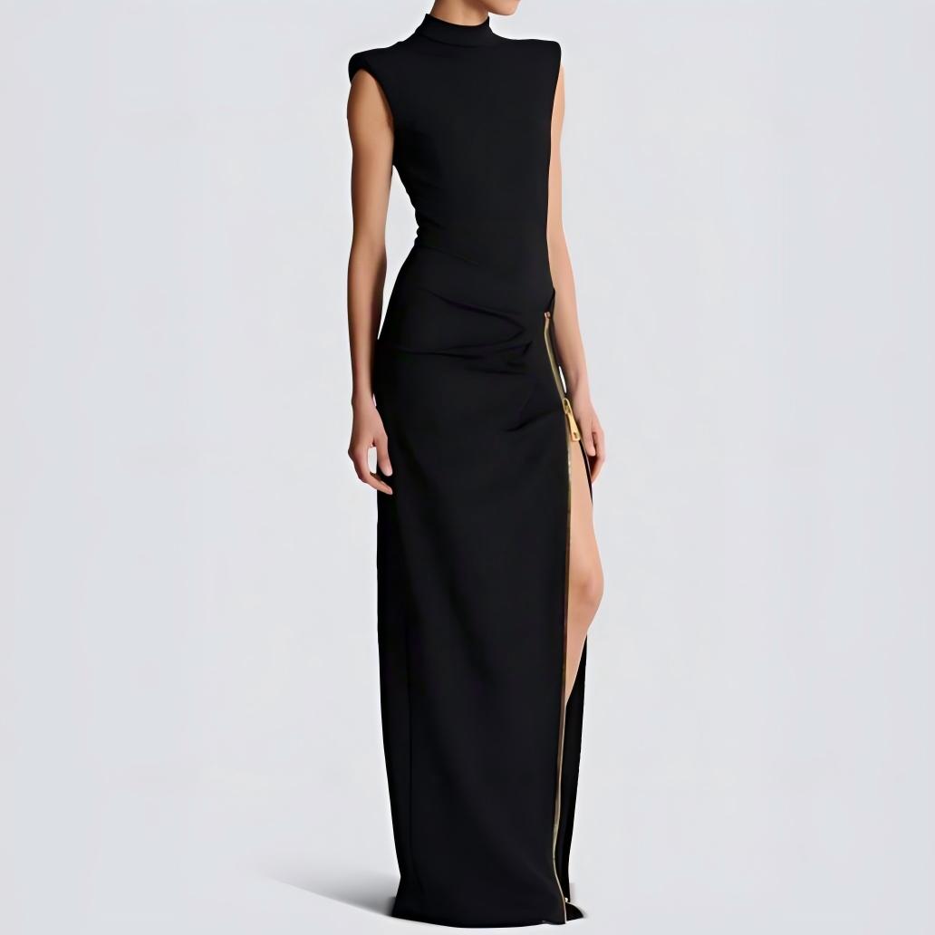 Wholesale Women's Mock-Neck Shoulder-Pad Slit Bodycon Maxi Dress – XS Womens Clothing