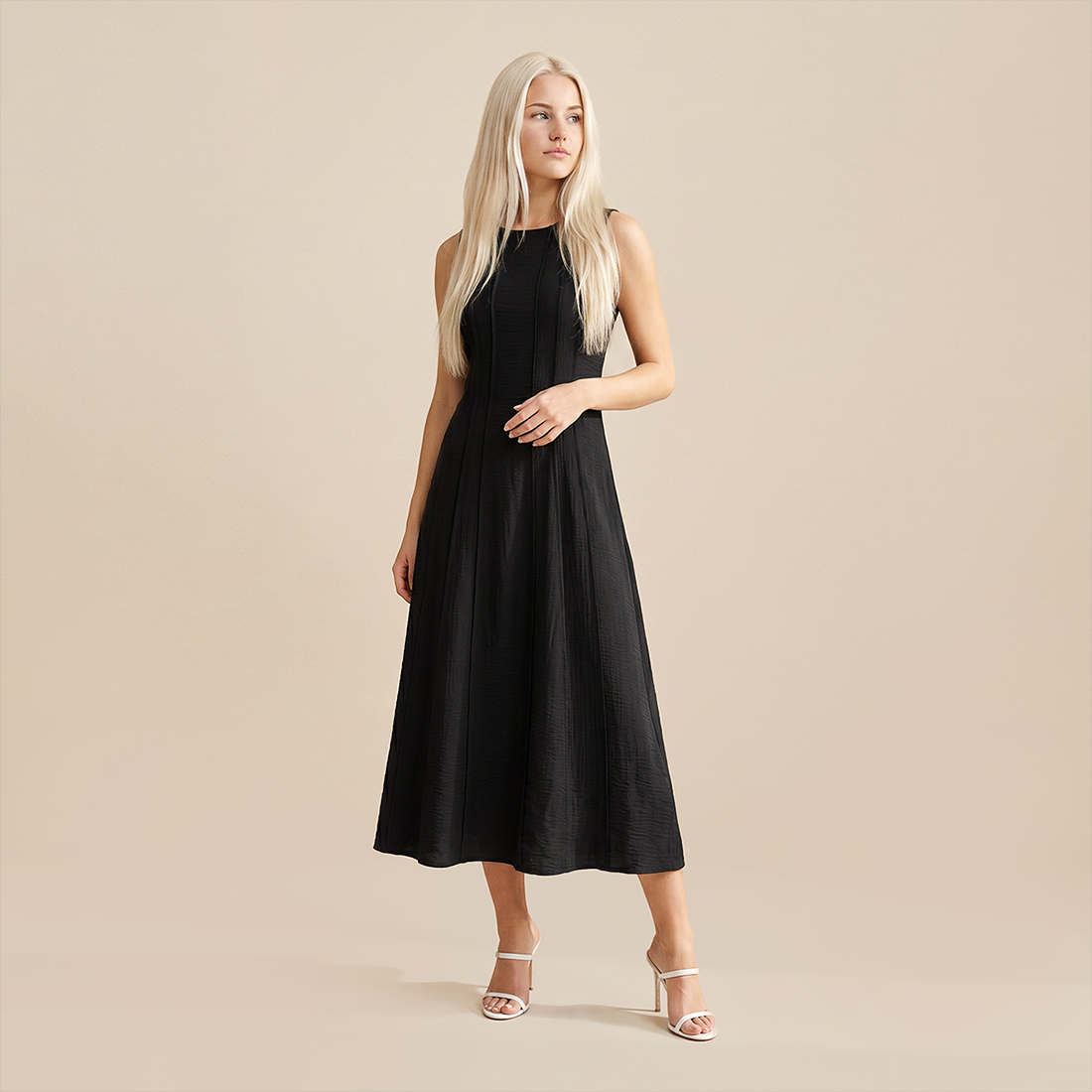 Casual Everyday Maxi A-Line Polyester Chic Round Neck Ruched Sleeveless Dress - MYTHSIS