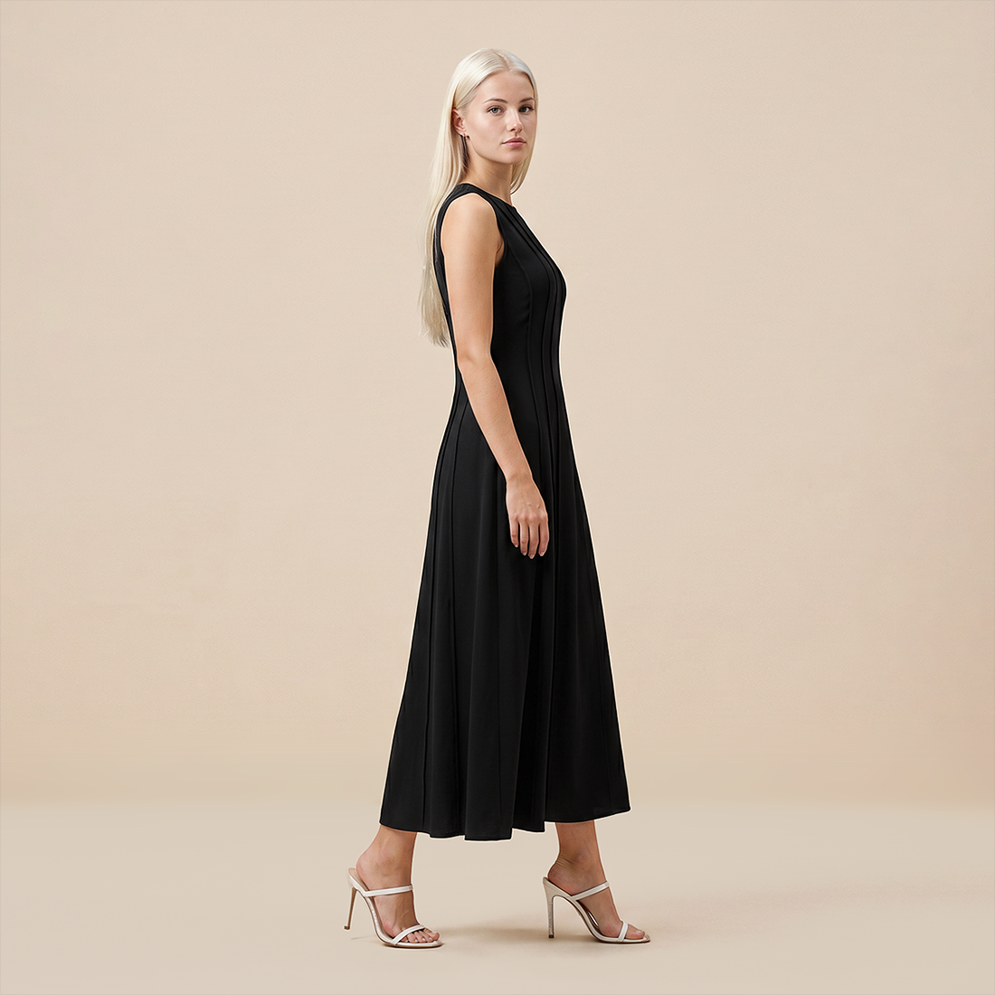 Casual Everyday Maxi A-Line Polyester Chic Round Neck Ruched Sleeveless Dress - MYTHSIS