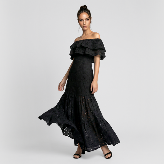 One collar ruffle edge embroidered hollow vacation mix dress