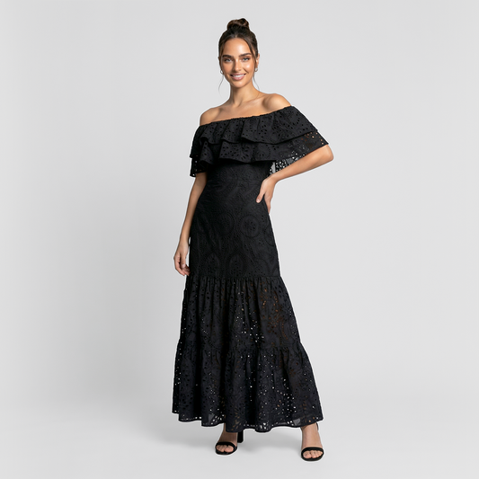 One collar ruffle edge embroidered hollow vacation mix dress