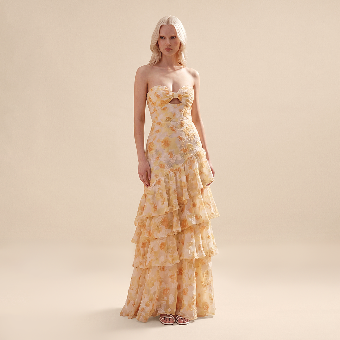 Wedding Guest Maxi A-Line Polyester Boho Strapless Floral Print Tiered Ruffle Dress - MYTHSIS